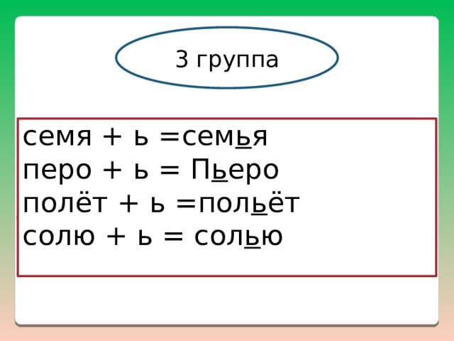 3 группа семя + ь =сем ь я перо + ь = П ь еро полёт + ь =пол ь ёт солю + ь = сол ь ю  