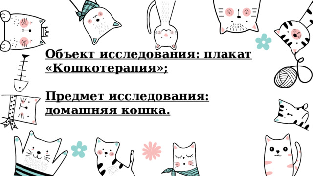 Объект исследования: плакат «Кошкотерапия»;  Предмет исследования: домашняя кошка.