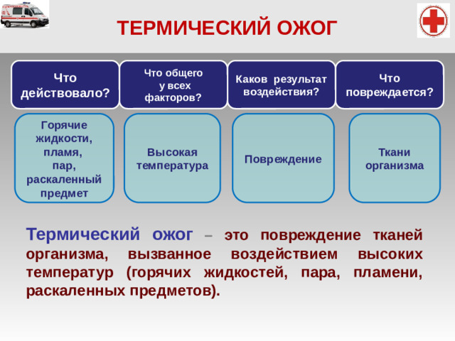 ТЕРМИЧЕСКИЙ ОЖОГ Что действовало? Что общего  у всех факторов? Каков результат воздействия? Что повреждается? Горячие жидкости, пламя, Высокая температура Ткани организма Повреждение пар, раскаленный предмет Термический ожог  – это повреждение тканей организма, вызванное воздействием высоких температур (горячих жидкостей, пара, пламени, раскаленных предметов).