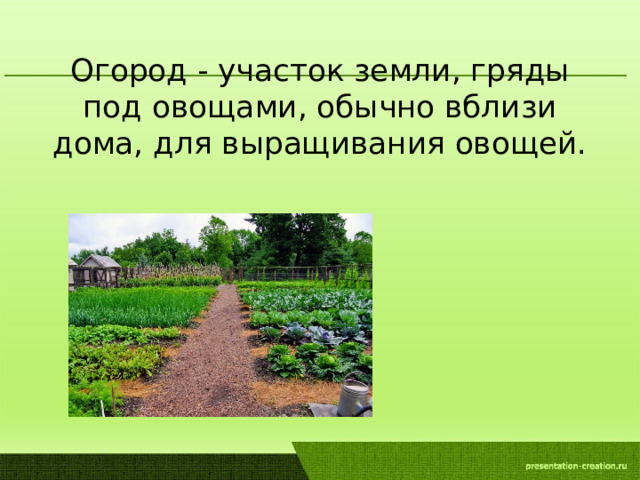 Огород - участок земли, гряды под овощами, обычно вблизи дома, для выращивания овощей.