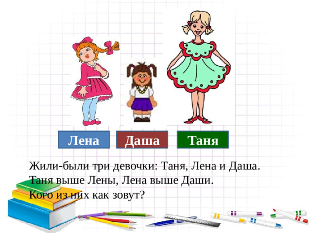 Лена Даша Таня Жили-были три девочки: Таня, Лена и Даша.  Таня выше Лены, Лена выше Даши. Кого из них как зовут?