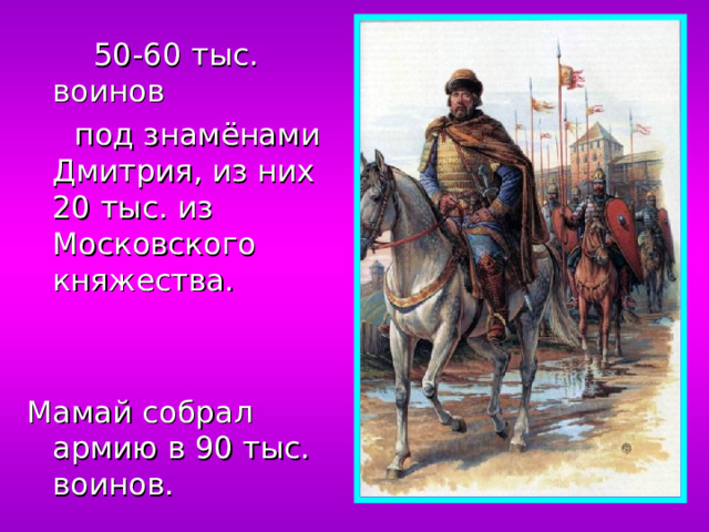 50-60 тыс. воинов  под знамёнами Дмитрия, из них 20 тыс. из Московского княжества. Мамай собрал армию в 90 тыс. воинов.