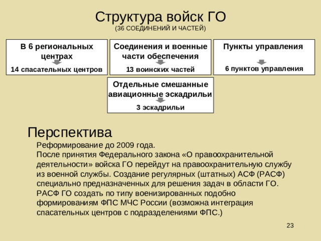 Структура войск ГО  (36 СОЕДИНЕНИЙ И ЧАСТЕЙ) В 6 региональных центрах 14 спасательных центров Соединения и военные части обеспечения 13 воинских частей Пункты управления  6 пунктов управления Отдельные смешанные авиационные эскадрильи 3 эскадрильи Перспектива  Реформирование до 2009 года.  После принятия Федерального закона «О правоохранительной деятельности» войска ГО перейдут на правоохранительную службу из военной службы. Создание регулярных (штатных) АСФ (РАСФ) специально предназначенных для решения задач в области ГО.  РАСФ ГО создать по типу военизированных подобно формированиям ФПС МЧС России (возможна интеграция спасательных центров с подразделениями ФПС.)