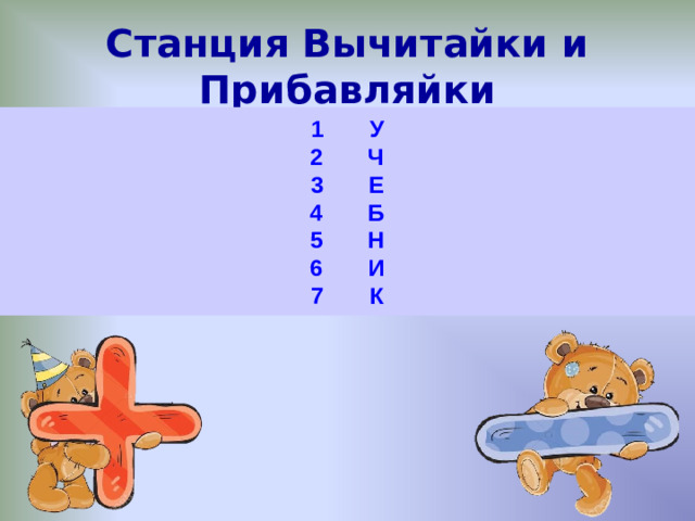 Станция Вычитайки и Прибавляйки  1 У 2 Ч 3 Е 4 Б 5 Н 6 И 7 К  Вычисли и прочитай полученное слово:  4 – 0 = Б 3 + 3 = И 0 + 5 = Н 8 – 7 = У 6 – 4 = Ч 10 – 7 = К  2 + 5 = Е   Получите число 2 с помощью двух одинаковых цифр. 2 = 1 + 1   4 = 4 + 4 – 4 4 = 4 – 4 + 4   Пользуясь тремя четвёрками, получите число 4