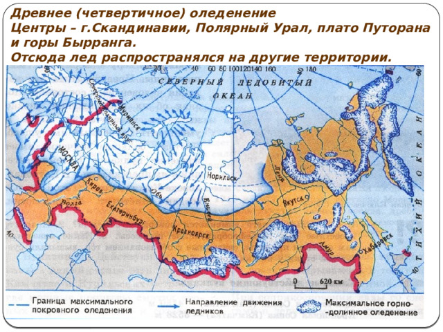 Древнее (четвертичное) оледенение  Центры – г.Скандинавии, Полярный Урал, плато Путорана и горы Бырранга.  Отсюда лед распространялся на другие территории.