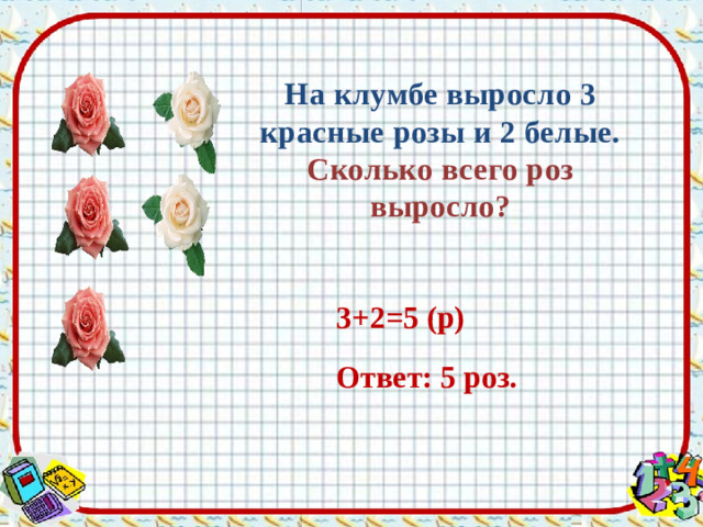 На клумбе выросло 3 красные розы и 2 белые. Сколько всего роз выросло?   3+2=5 (р) Ответ: 5 роз.