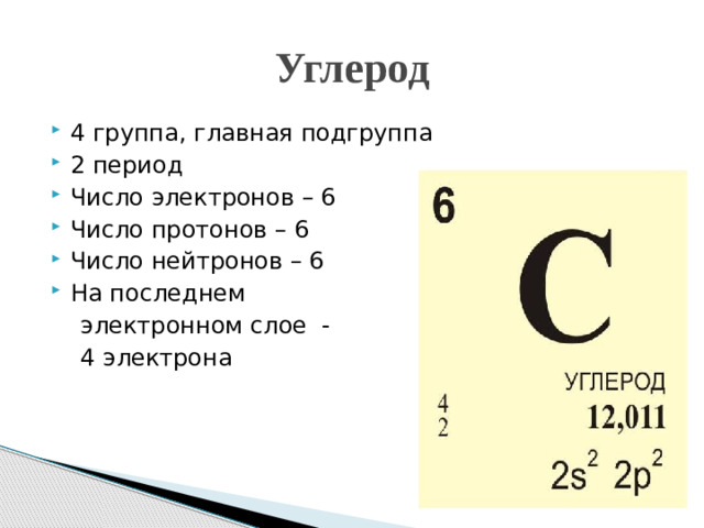 Углерод 4 группа, главная подгруппа 2 период Число электронов – 6 Число протонов – 6 Число нейтронов – 6 На последнем  электронном слое -  4 электрона