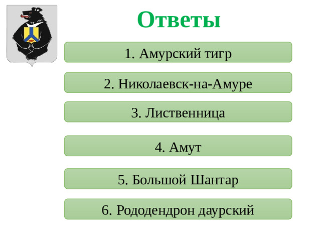 Ответы 1. Амурский тигр 2. Николаевск-на-Амуре 3. Лиственница 4. Амут 5. Большой Шантар 6. Рододендрон даурский