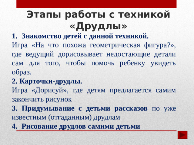 Этапы работы с техникой «Друдлы» Знакомство детей с данной техникой. Игра «На что похожа геометрическая фигура?», где ведущий дорисовывает недостающие детали сам для того, чтобы помочь ребенку увидеть образ. 2. Карточки-друдлы. Игра «Дорисуй», где детям предлагается самим закончить рисунок 3. Придумывание с детьми рассказов по уже известным (отгаданным) друдлам