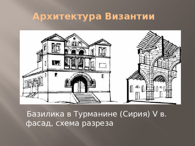 Архитектура Византии    Базилика в Турманине (Сирия) V в. фасад, схема разреза