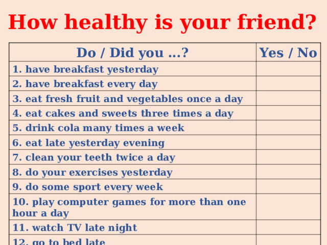 How healthy is your friend? Do / Did you ...? Yes / No 1. have breakfast yesterday 2. have breakfast every day 3. eat fresh fruit and vegetables once a day 4. eat cakes and sweets three times a day 5. drink cola many times a week 6. eat late yesterday evening 7. clean your teeth twice a day 8. do your exercises yesterday 9. do some sport every week 10. play computer games for more than one hour a day 11. watch TV late night 12. go to bed late