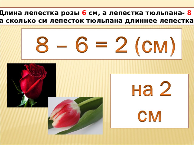 Длина лепестка розы 6 см, а лепестка тюльпана- 8 см. На сколько см лепесток тюльпана длиннее лепестка розы?