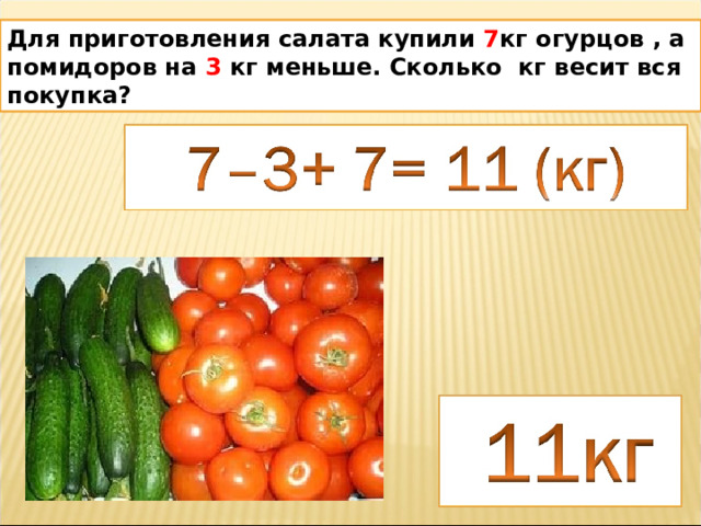 Для приготовления салата купили 7 кг огурцов , а помидоров на 3 кг меньше. Сколько кг весит вся покупка?