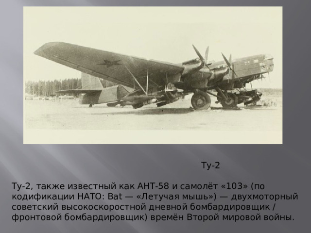 Ту-2 Ту-2, также известный как АНТ-58 и самолёт «103» (по кодификации НАТО: Bat — «Летучая мышь») — двухмоторный советский высокоскоростной дневной бомбардировщик / фронтовой бомбардировщик) времён Второй мировой войны.