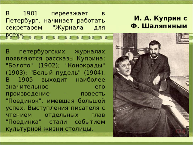 И. А. Куприн с  Ф. Шаляпиным В 1901 переезжает в Петербург, начинает работать секретарем 