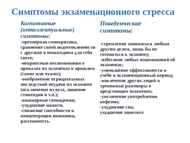 Симптомы экзаменационного стресса Когнитивные (интеллектуальные) симптомы: - чрезмерная самокритика, сравнение своей подготовленности с другими в невыгодном для себя свете; Поведенческие симптомы:  -неприятные воспоминания о провалах на экзаменах в прошлом (своих или чужих); -стремление заниматься любым другим делом, лишь бы не готовиться к экзамену; -воображение отрицательных последствий неудачи на экзамене (исключение из вуза, лишение стипендии и т.п.); -кошмарные сновидения; -избегание любых напоминаний об экзаменах; -ухудшение памяти; -уменьшение эффективности в учёбе в экзаменационный период; -снижение способности к концентрации внимания, рассеянность. -вовлечение других людей в тревожные разговоры о предстоящих экзаменах;  -увеличение употребления кофеина; -ухудшение сна; ухудшение аппетита