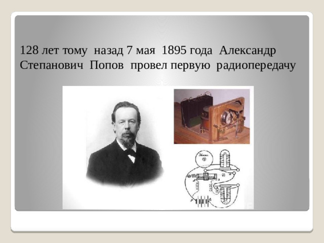 128 лет тому  назад 7 мая  1895 года  Александр  Степанович  Попов  провел первую  радиопередачу
