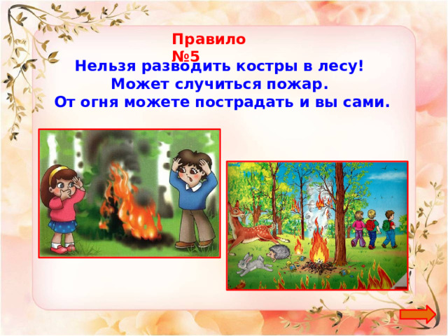 Правило №5 Нельзя разводить костры в лесу! Может случиться пожар. От огня можете пострадать и вы сами.