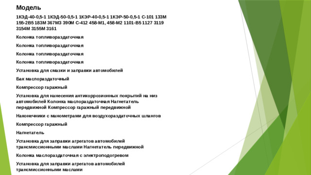 Модель 1КЭД-40-0,5-1 1КЭД-50-0,5-1 1КЭР-40-0,5-1 1КЭР-50-0,5-1 С-101 133М 155-2В5 183М 367МЗ 390М С-412 458-М1, 458-М2 1101-В5 1127 3119 3154М 3155М 3161 Колонка топливораздаточная Колонка топливораздаточная Колонка топливораздаточная Колонка топливораздаточная Установка для смазки и заправки автомобилей Бак маслораздаточный Компрессор гаражный Установка для нанесения антикоррозионных покрытий на низ автомобилей Колонка маслораздаточная Нагнетатель передвижной Компрессор гаражный передвижной Наконечники с манометрами для воздухораздаточных шлангов Компрессор гаражный Нагнетатель Установка для заправки агрегатов автомобилей трансмиссионными маслами Нагнетатель передвижной Колонка маслораздаточная с электроподогревом Установка для заправки агрегатов автомобилей трансмиссионными маслами