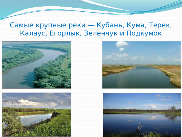 Самые крупные реки — Кубань, Кума, Терек, Калаус, Егорлык, Зеленчук и Подкумок