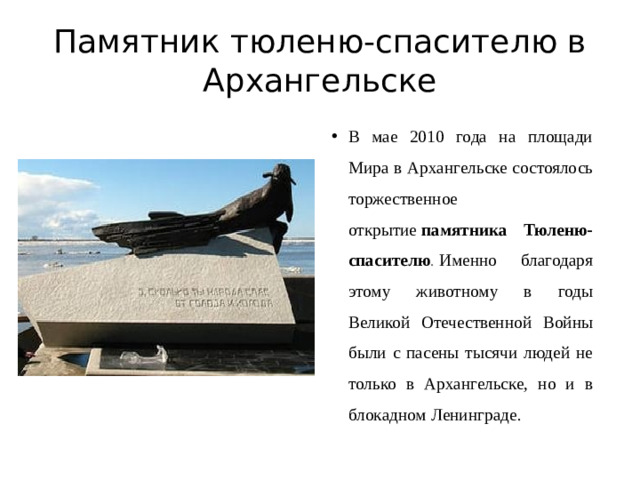 Памятник тюленю-спасителю в Архангельске