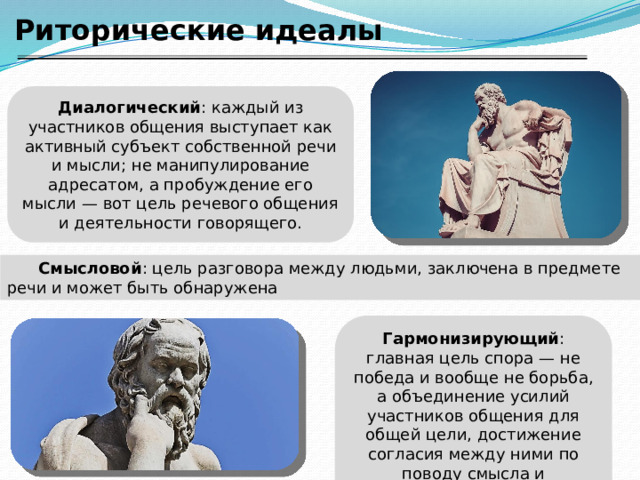 Риторические идеалы Диалогический :  каждый из участников общения выступает как активный субъект собственной речи и мысли; не манипулирование адресатом, а пробуждение его мысли — вот цель речевого общения и деятельности говорящего. Смысловой : цель разговора между людьми, заключена в предмете речи и может быть обнаружена Гармонизирующий : главная цель спора — не победа и вообще не борьба, а объединение усилий участников общения для общей цели, достижение согласия между ними по поводу смысла и результатов общения.