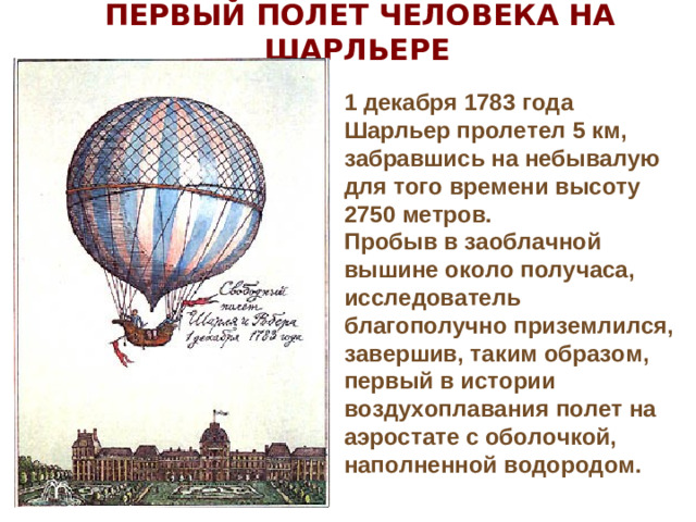 ПЕРВЫЙ ПОЛЕТ ЧЕЛОВЕКА НА ШАРЛЬЕРЕ  1 декабря 1783 года Шарльер пролетел 5 км, забравшись на небывалую для того времени высоту 2750 метров. Пробыв в заоблачной вышине около получаса, исследователь благополучно приземлился, завершив, таким образом, первый в истории воздухоплавания полет на аэростате с оболочкой, наполненной водородом.