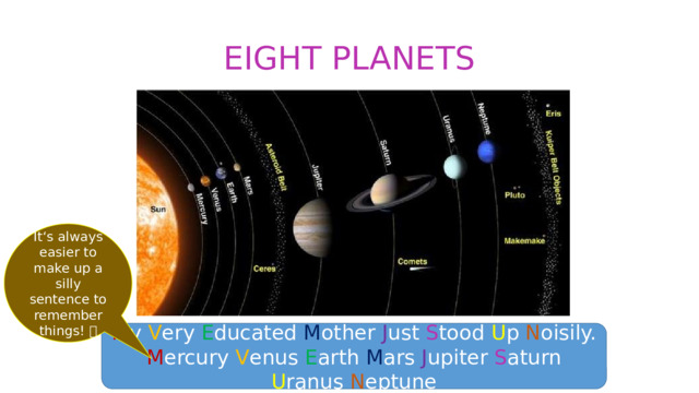 EIGHT PLANETS It‘s always easier to make up a silly sentence to remember things!  M y V ery E ducated M other J ust S tood U p N oisily. M ercury V enus E arth M ars J upiter S aturn U ranus N eptune