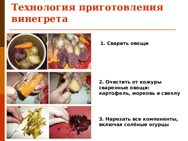 Технология приготовления винегрета 1. Сварить овощи 2. Очистить от кожуры сваренные овощи: картофель, морковь и свеклу 3. Нарезать все компоненты, включая солёные огурцы