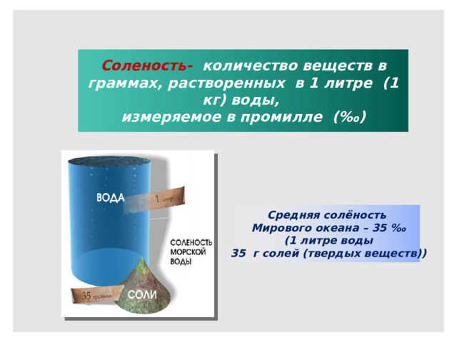 Соленость- количество веществ в граммах, растворенных в 1 литре (1 кг) воды, измеряемое в промилле (‰) Средняя солёность Мирового океана – 35 ‰ (1 литре воды  35 г солей (твердых веществ))