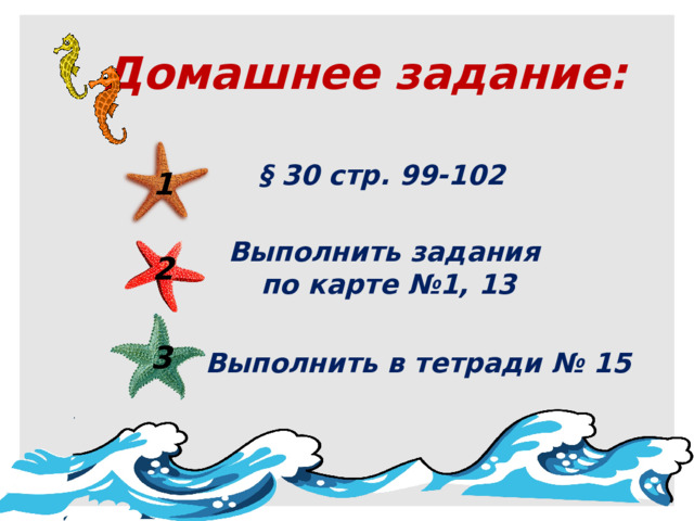 Домашнее задание: § 30 стр. 99-102 1 Выполнить задания по карте №1, 13 2 3 Выполнить в тетради № 15