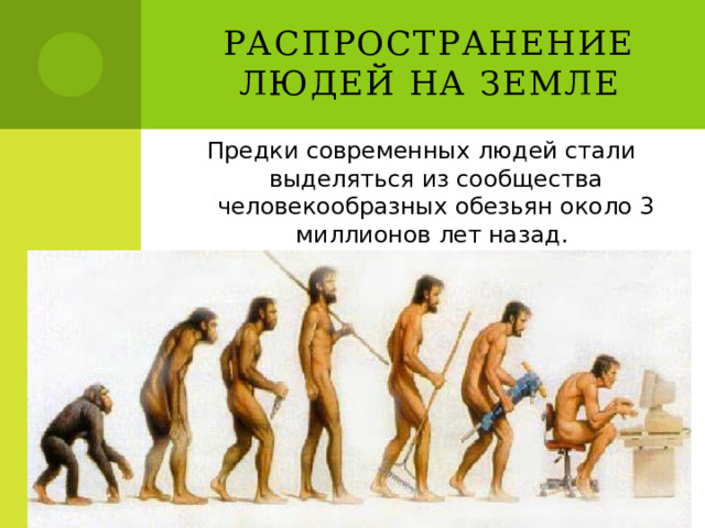 Распространение людей на земле Предки современных людей стали выделяться из сообщества человекообразных обезьян около 3 миллионов лет назад. 
