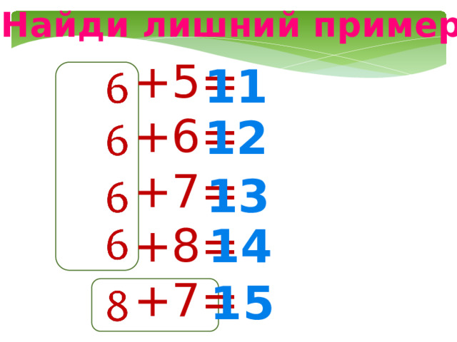 Найди лишний пример +5= +6= +7= +8= +7= 11 12 13 14 15