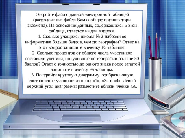 Откройте файл с данной электронной таблицей (расположение файла Вам сообщат организаторы экзамена). На основании данных, содержащихся в этой таблице, ответьте на два вопроса.  1. Сколько учащихся школы № 2 набрали по информатике больше баллов, чем по географии? Ответ на этот вопрос запишите в ячейку F3 таблицы.  2. Сколько процентов от общего числа участников составили ученики, получившие по географии больше 50 баллов? Ответ с точностью до одного знака после запятой запишите в ячейку F5 таблицы.  3. Постройте круговую диаграмму, отображающую соотношение учеников из школ «1», «3» и «4». Левый верхний угол диаграммы разместите вблизи ячейки G6.