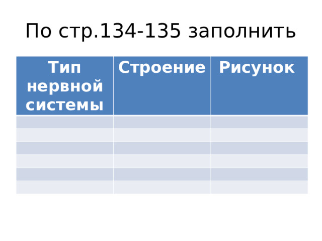 По стр.134-135 заполнить Тип нервной системы Строение Рисунок