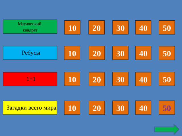 Магический квадрат 50 40 30 20 10 30 10 Ребусы 20 40 50 10 30 50 1+1 20 40 50 40 30 20 10