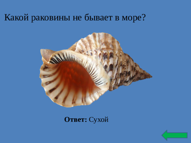 Какой раковины не бывает в море? Ответ: Сухой