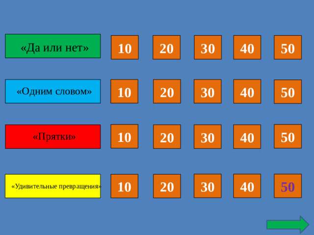 «Да или нет» 50 40 30 20 10 30 10 «Одним словом» 20 40 50 10 50 «Прятки» 20 30 40 50 40 30 20 10