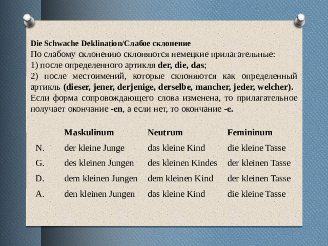 Die Schwache Deklination/Слабое склонение По слабому склонению склоняются немецкие прилагательные: 1) после определенного артикля der, die, das ; 2) после местоимений, которые склоняются как определенный артикль (dieser, jener, derjenige, derselbe, mancher, jeder, welcher). Eсли форма сопровождающего слова изменена, то прилагательное получает окончание -en , а если нет, то окончание -e.   Maskulinum N. G. Neutrum der kleine Junge D. Femininum das kleine Kind des kleinen Jungen A. die kleine Tasse dem kleinen Jungen des kleinen Kindes dem kleinen Kind den kleinen Jungen der kleinen Tasse das kleine Kind der kleinen Tasse die kleine Tasse