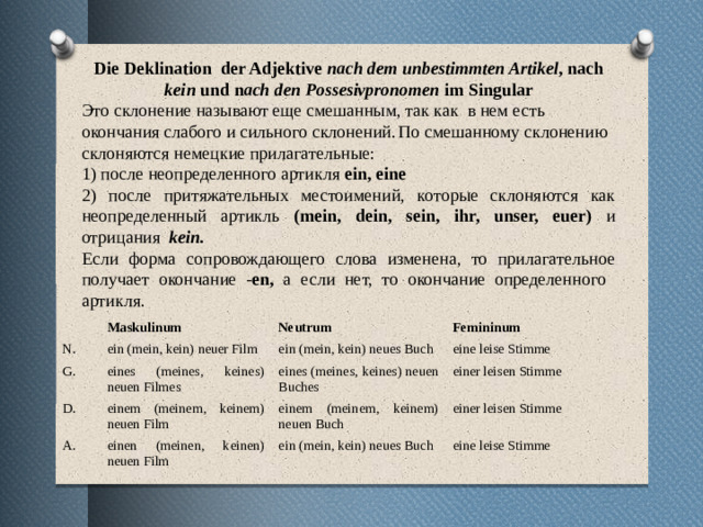 Die Deklination der Adjektive nach dem unbestimmten Artikel , nach kein und n ach den Possesivpronomen im Singular Это склонение называют еще смешанным, так как в нем есть окончания слабого и сильного склонений.  По смешанному склонению склоняются немецкие прилагательные: 1) после неопределенного артикля ein, eine 2) после притяжательных местоимений, которые склоняются как неопределенный артикль (mein, dein, sein, ihr, unser, euer) и отрицания kein. Eсли форма сопровождающего слова изменена, то прилагательное получает окончание - en, а если нет, то окончание определенного артикля.   Maskulinum N. G. Neutrum ein (mein, kein) neuer Film D. Femininum ein (mein, kein) neues Buch eines (meines, keines) neuen Filmes A. eine leise Stimme einem (meinem, keinem) neuen Film eines (meines, keines) neuen Buches einem (meinem, keinem) neuen Buch einen (meinen, keinen) neuen Film einer leisen Stimme ein (mein, kein) neues Buch einer leisen Stimme eine leise Stimme