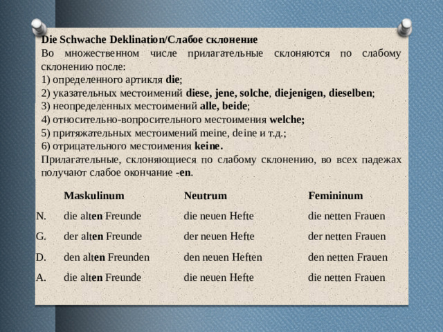 Die Schwache Deklination/Слабое склонение Во множественном числе прилагательные склоняются по слабому склонению после: 1) определенного артикля die ; 2) указательных местоимений diese, jene, solche , diejenigen, dieselben ; 3) неопределенных местоимений alle, beide ; 4) относительно-вопросительного местоимения welche; 5) притяжательных местоимений meine, deine и т.д.; 6) отрицательного местоимения keine. Прилагательные, склоняющиеся по слабому склонению, во всех падежах получают слабое окончание -en .   N. Maskulinum Neutrum G. die alt en Freunde D. Femininum die neuen Hefte der alt en Freunde A. der neuen Hefte den alt en Freunden die netten Frauen den neuen Heften der netten Frauen die alt en Freunde die neuen Hefte den netten Frauen die netten Frauen