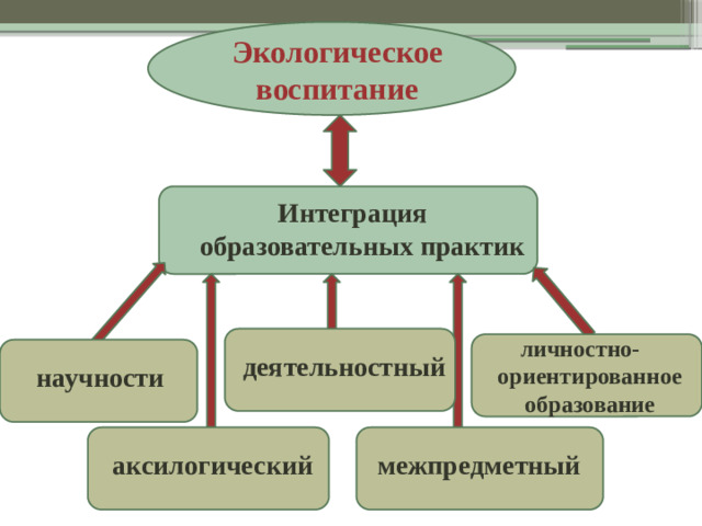 Экологическое воспитание Интеграция  образовательных практик личностно-ориентированное образование деятельностный научности аксилогический межпредметный