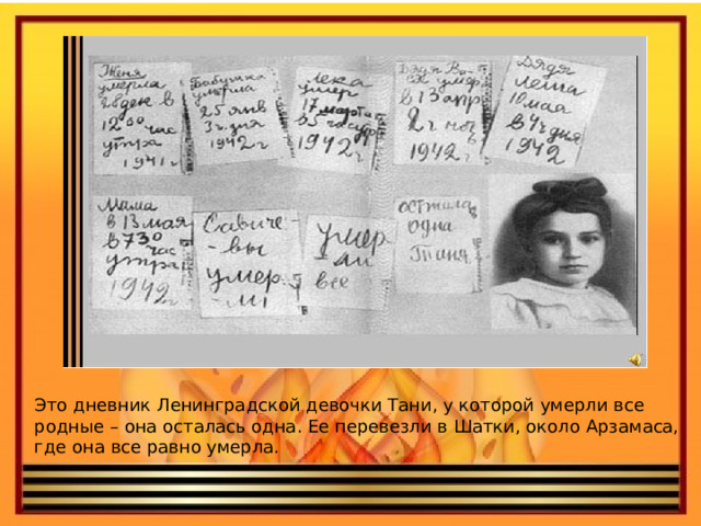 Это дневник Ленинградской девочки Тани, у которой умерли все родные – она осталась одна. Ее перевезли в Шатки, около Арзамаса, где она все равно умерла.