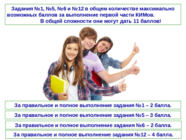 Задания №1, №5, №6 и №12 в общем количестве максимально возможных баллов за выполнение первой части КИМов. В общей сложности они могут дать 11 баллов! За правильное и полное выполнение задания №1 – 2 балла. За правильное и полное выполнение задания №5 – 3 балла. За правильное и полное выполнение задания №6 – 2 балла. За правильное и полное выполнение задания №12 – 4 балла.