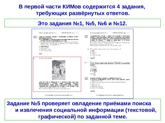 В первой части КИМов содержится 4 задания, требующих развёрнутых ответов. Это задания №1, №5, №6 и №12. Задание №5 проверяет овладение приёмами поиска и извлечения социальной информации (текстовой, графической) по заданной теме.