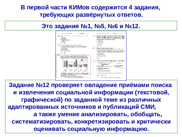 В первой части КИМов содержится 4 задания, требующих развёрнутых ответов. Это задания №1, №5, №6 и №12. Задание №12 проверяет овладение приёмами поиска и извлечения социальной информации (текстовой, графической) по заданной теме из различных адаптированных источников и публикаций СМИ, а также умение анализировать, обобщать, систематизировать, конкретизировать и критически оценивать социальную информацию.