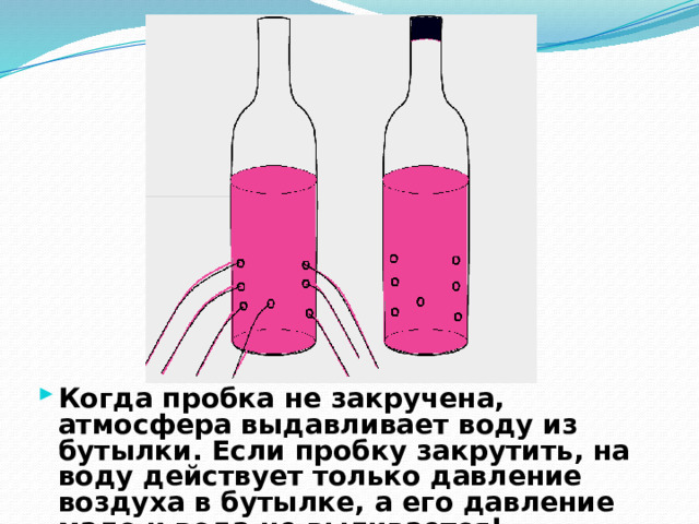 Почему, в самом деле, жидкость устремляется к нам в рот? Что ее увлекает? Причина такова: При питье мы расширяем грудную клетку и тем разряжаем воздух во рту; под давлением наружного воздуха жидкость устремляется в то пространство, где давление меньше, и таким образом проникает в наш рот.