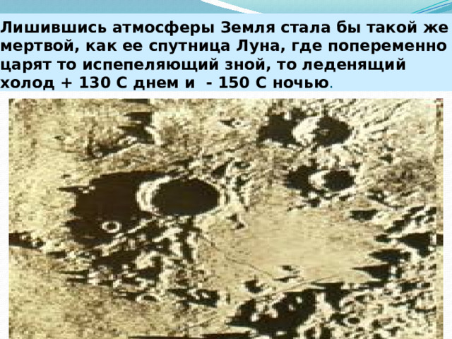 Лишившись атмосферы Земля стала бы такой же мертвой, как ее спутница Луна, где попеременно царят то испепеляющий зной, то леденящий холод + 130 С днем и - 150 С ночью .