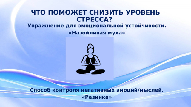 ЧТО ПОМОЖЕТ СНИЗИТЬ УРОВЕНЬ СТРЕССА? Упражнение для эмоциональной устойчивости. «Назойливая муха» Способ контроля негативных эмоций/мыслей. «Резинка»