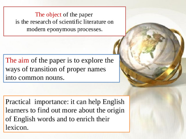 The object of the paper  is the research of scientific literature on modern eponymous processes.    The aim of the paper is to explore the ways of transition of proper names into common nouns. Practical importance: it can help English learners to find out more about the origin of English words and to enrich their lexicon.